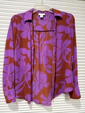 Liz Claiborne Printed Button-Front Blouse in Purple and Brown